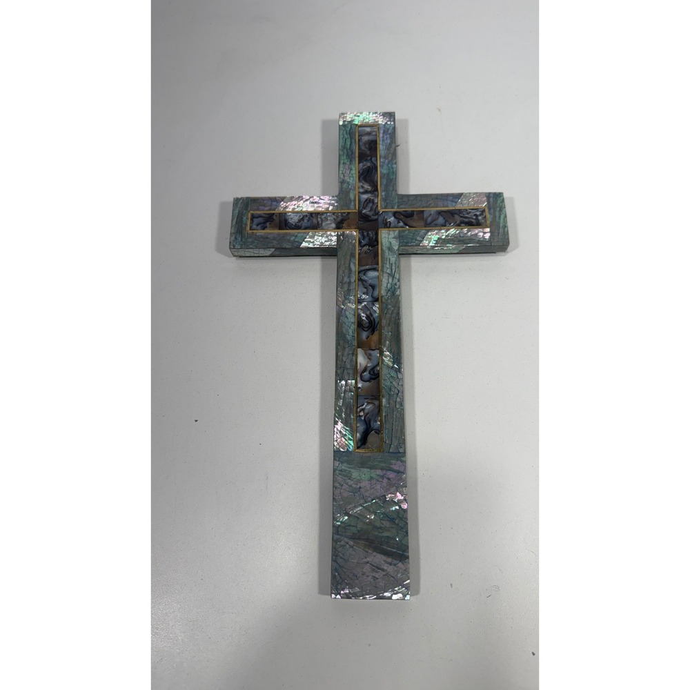 Abalone Shell Mosaic Wall Cross Mother of Pearl Religious Decor 12.5 Inch